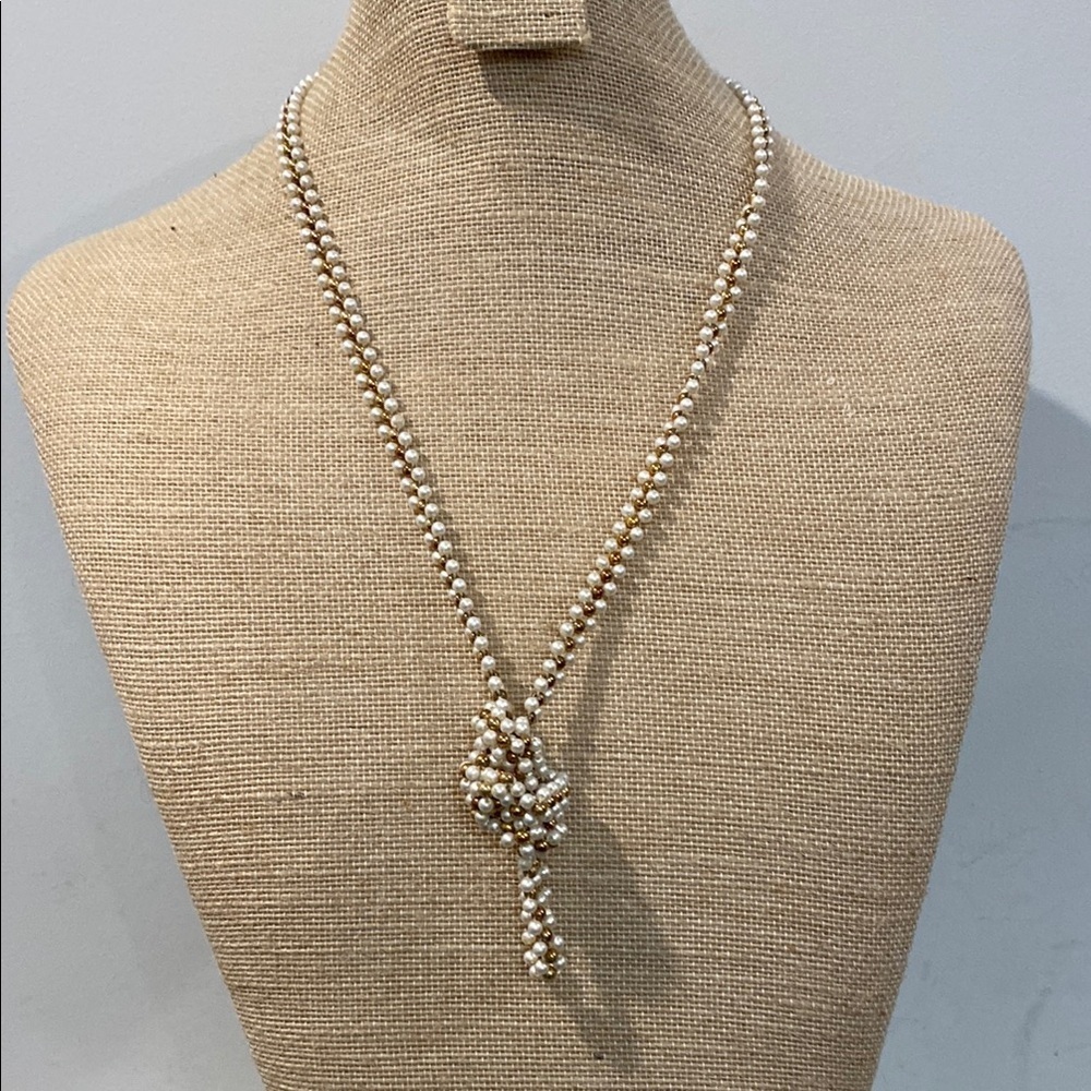 Gold and White beaded Necklace Knot Necklace